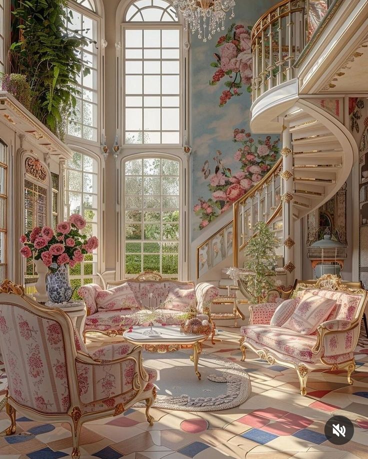 an ornate living room with pink and white furniture