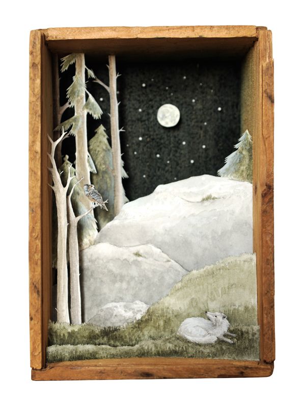 an image of a painting in a wooden frame with trees and snow on the ground