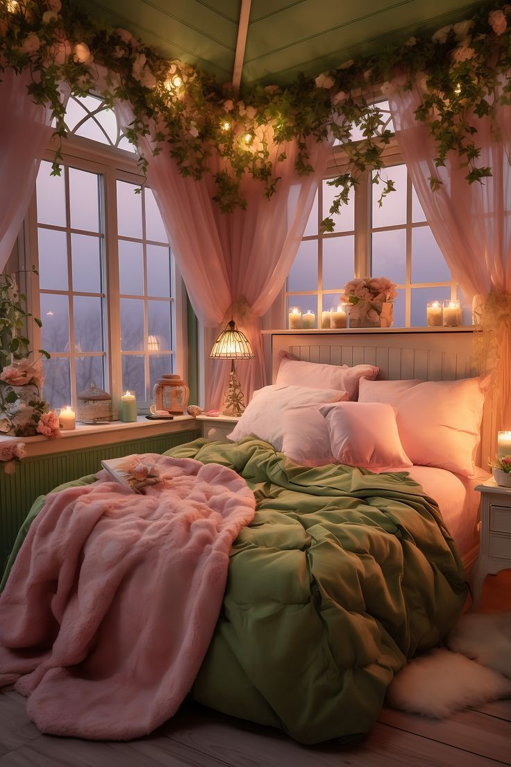 A compact cottage bedroom with a luminous soft pink and olive color scheme, featuring shabby chic furniture, a trundle bed with a plush blanket, floral art, and vintage lanterns, creating a cozy and romantic atmosphere. Pink And Sage Aesthetic, Fairycore Interior, Sage And Pink Bedroom, Sage Green And Pink Bedroom, Bedroom Fairycore, Fairycore Decor, Fairycore Room, Japandi Bedroom, Bedroom Scandinavian