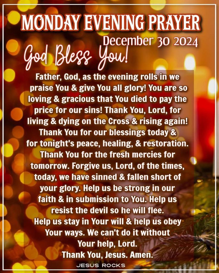 a christmas card with the words, monday evening prayer god bless you've come