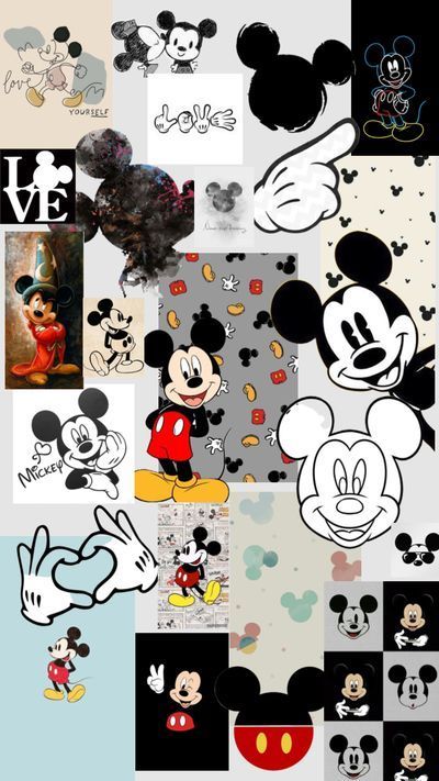 mickey mouse wallpaper with many different pictures and words on it's side, including the