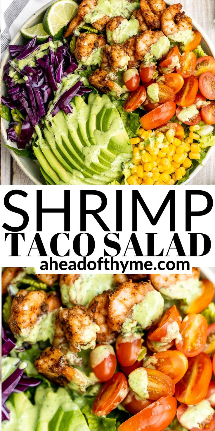 shrimp tacos salad with avocado, corn and tomatoes