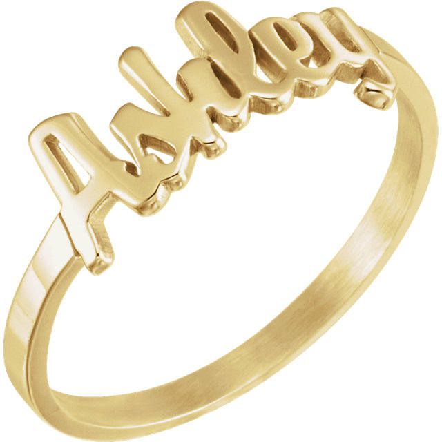 Perfect for new mothers and babies, this solid gold name text script ring is completely personalized with whatever text you want. Available in 14k, 18k yellow, rose, white gold & platinum--just choose your desired metal from the drop-down menu before checkout. HOW TO ORDER: Please specify the text in the order notes during checkout. Details: * Default size is approx. 7mm tall for the text, and the band is 1.8mm x 1mm. Contact us if you want different dimensions. * We can do the finish as mat Personalized Name Ring In Yellow Gold, Personalized Initial Ring In Yellow Gold, Classic Rings With Custom Name For Personalized Gift, Personalized Yellow Gold Rings With Name, Personalized Yellow Gold Name Rings, Personalized Name Yellow Gold Rings, Classic Custom Name Rings For Personalized Gift, Yellow Gold Nameplate Rings For Promise, 14k Gold Engraved Name Ring For Promise