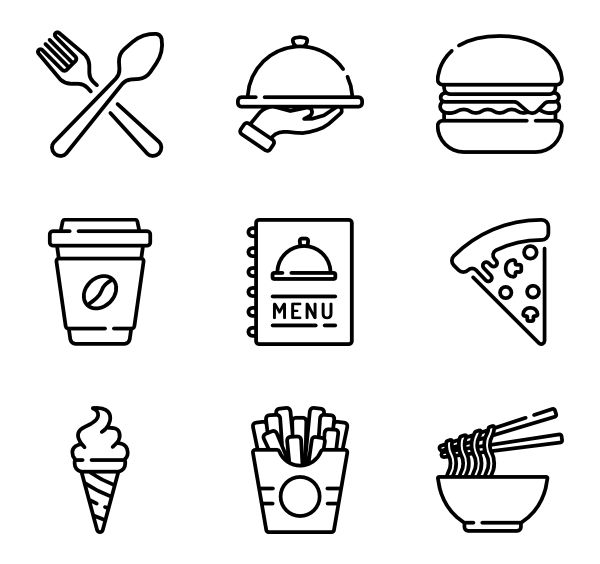 different types of food and drinks are shown in this black and white icon set on a white background