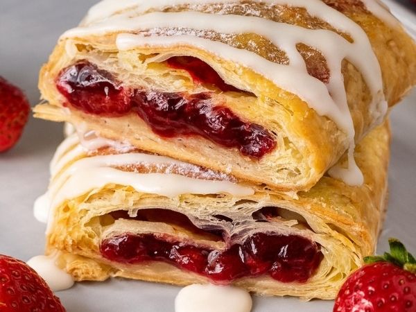 two croissants stacked on top of each other with icing and strawberries