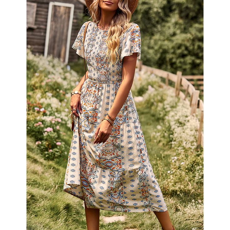 Apricot Bohemia Print Pleated Woven Casual Dress Casual Boho Dress With Floral Print For Garden Party, Beige Flowy Boho Dress Casual Style, Casual Flowy Beige Boho Dress, Casual Apricot Short Sleeve Midi Dress, Casual Beige Flowy Boho Dress, Casual Apricot Midi Dress With Short Sleeves, Casual Flowy Apricot Dress, Apricot Short Sleeve Dress For Vacation, Spring Apricot Maxi Dress With Floral Print