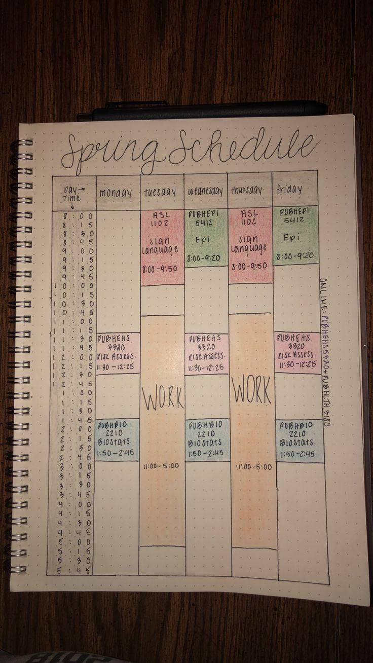 a spiral - bound planner with the words spring schedule on it