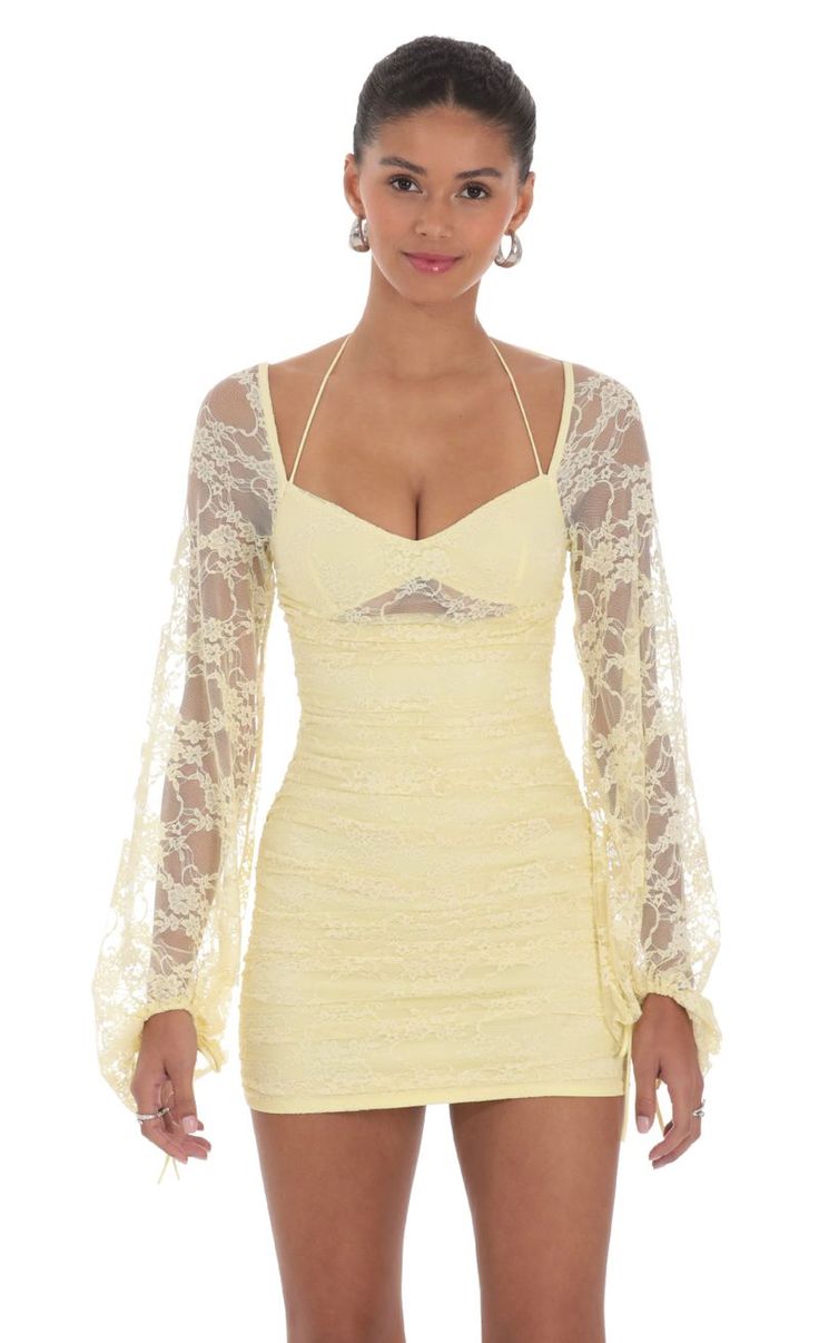 Lace Ruched Long Sleeve Dress in Yellow | LUCY IN THE SKY Hoco Dresses Yellow, Ruched Long Sleeve Dress, Pretty Homecoming Dresses, Cute Formal Dresses, Dresses Yellow, Cute Homecoming Dresses, Banquet Dresses, Lucy In The Sky, Cute Prom Dresses