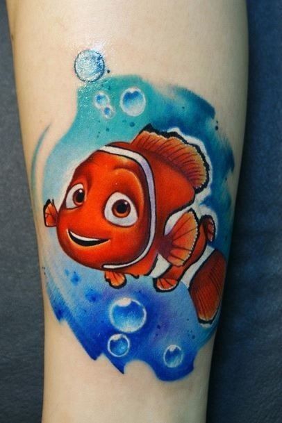 an orange and white fish with bubbles on it's leg is featured in this tattoo