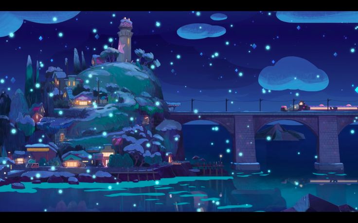 an animated image of a castle in the sky with snow falling from its roof and lights shining on it