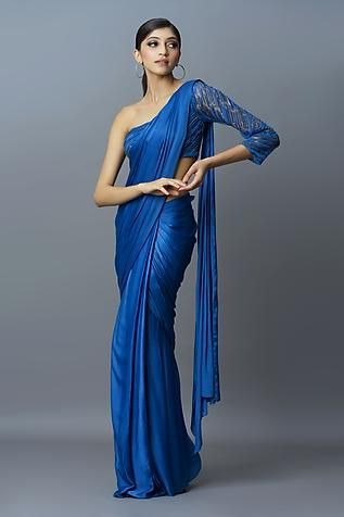 Shop for Astha Batra Blue Satin Georgette Pleated Draped Saree Gown for Women Online at Aza Fashions Elegant Blue Gown With Traditional Drape, Blue Georgette Pre-draped Saree For Formal Occasions, Blue Saree For Formal Occasions, Blue Formal Saree Dress, Blue Fitted Pre-draped Saree For Formal Occasions, Formal Traditional Drape Pre-draped Gown, Formal Pre-draped Traditional Gown, Blue Wedding Dress With Draped Sleeves, Blue Saree-style Evening Dress