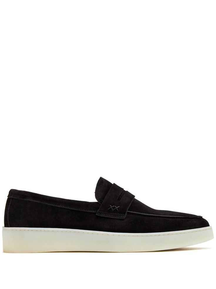 black suede slip-on style tonal stitching penny slot almond toe branded leather insole flat rubber sole Classic Low-top Slip-ons With Suede Lining, Calf Leather Slip-ons With Suede Lining, Suede Slip-ons With Almond Toe And Rubber Sole, Black Slip-on Loafers With Suede Lining, Classic Suede Slip-ons With Stitched Sole, Suede Low-top Formal Loafers, Suede Low-top Loafers For Formal Occasions, Formal Suede Low-top Loafers, Formal Low-top Suede Slip-ons