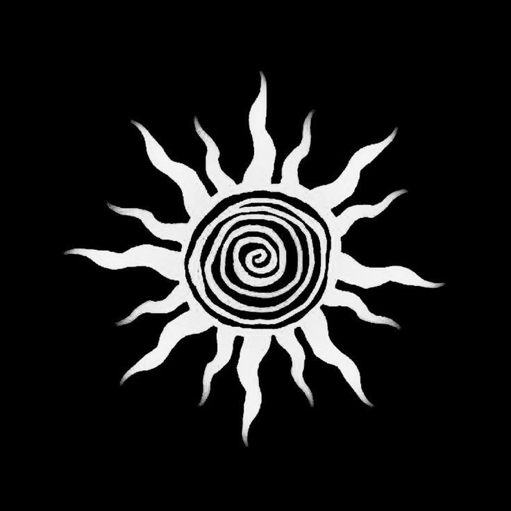 a black and white sun with spirals on it