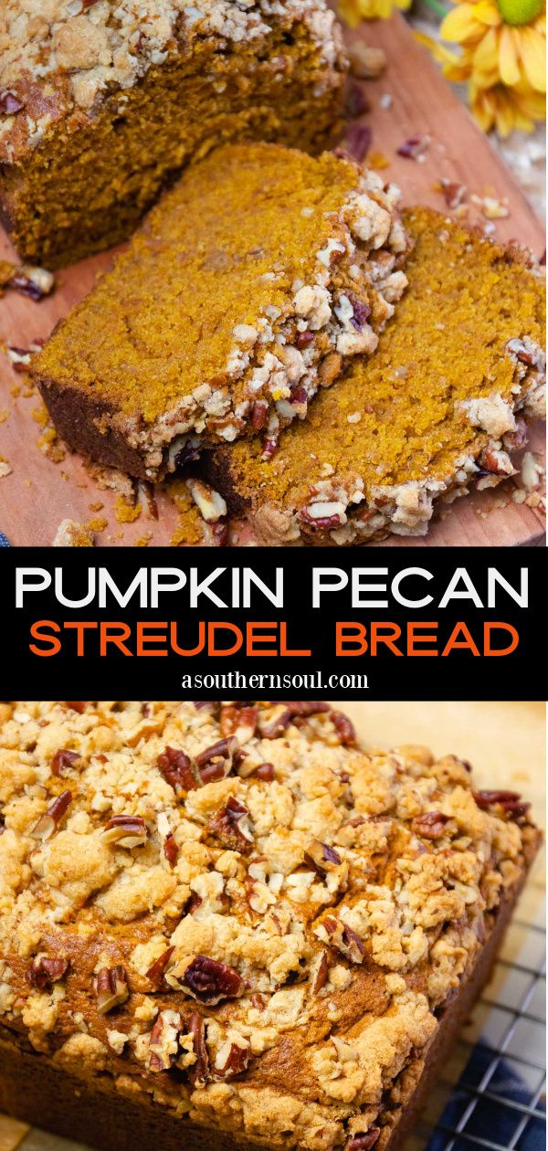 pumpkin pecan strudel bread is cut into slices and placed on a cooling rack