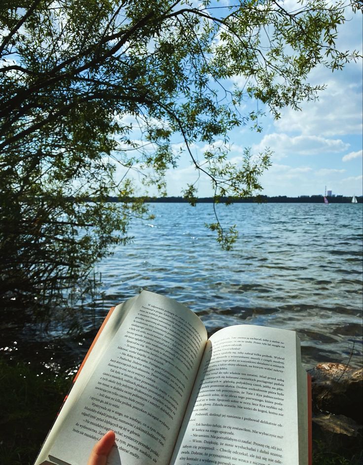 an open book sitting on top of a grass covered field next to a lake under a tree