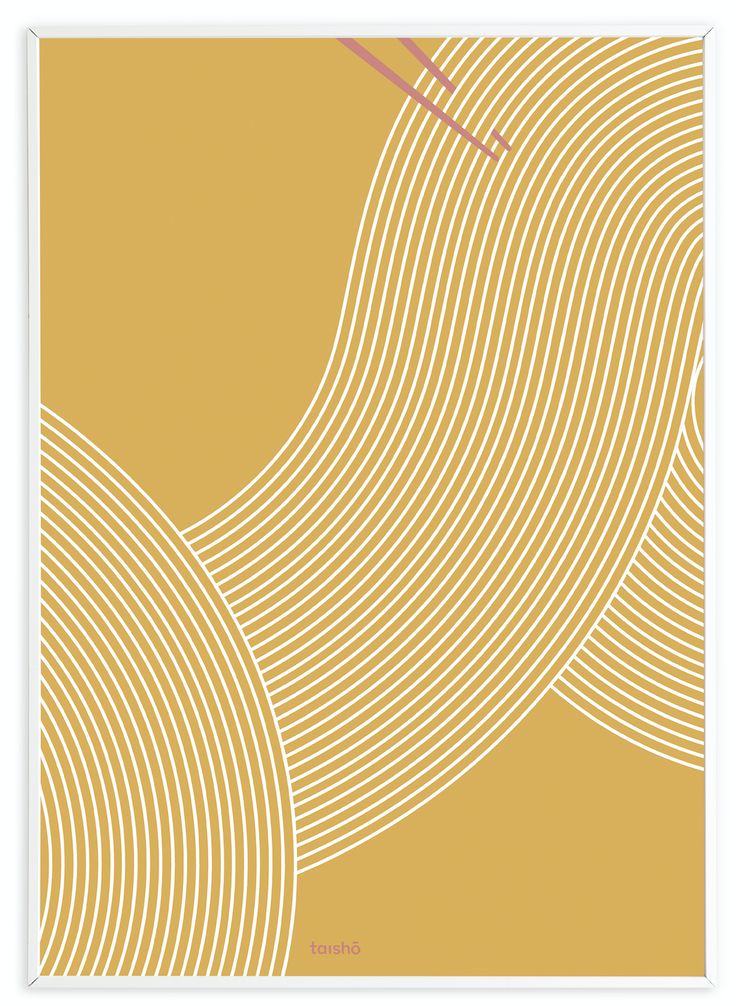 an abstract yellow and white poster with lines on it's sides, in the shape of waves