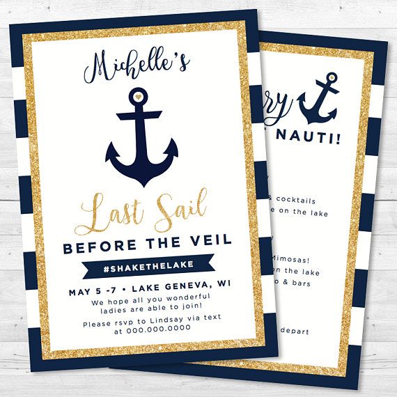 two navy and gold wedding shower cards with an anchor