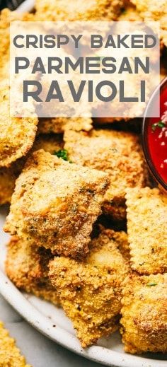 crispy baked parmesan ravioli on a plate with dipping sauce