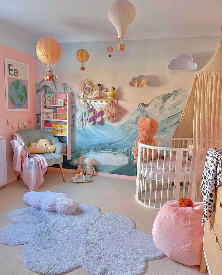 a child's bedroom with pink walls and white carpeted flooring, teddy bears on the wall