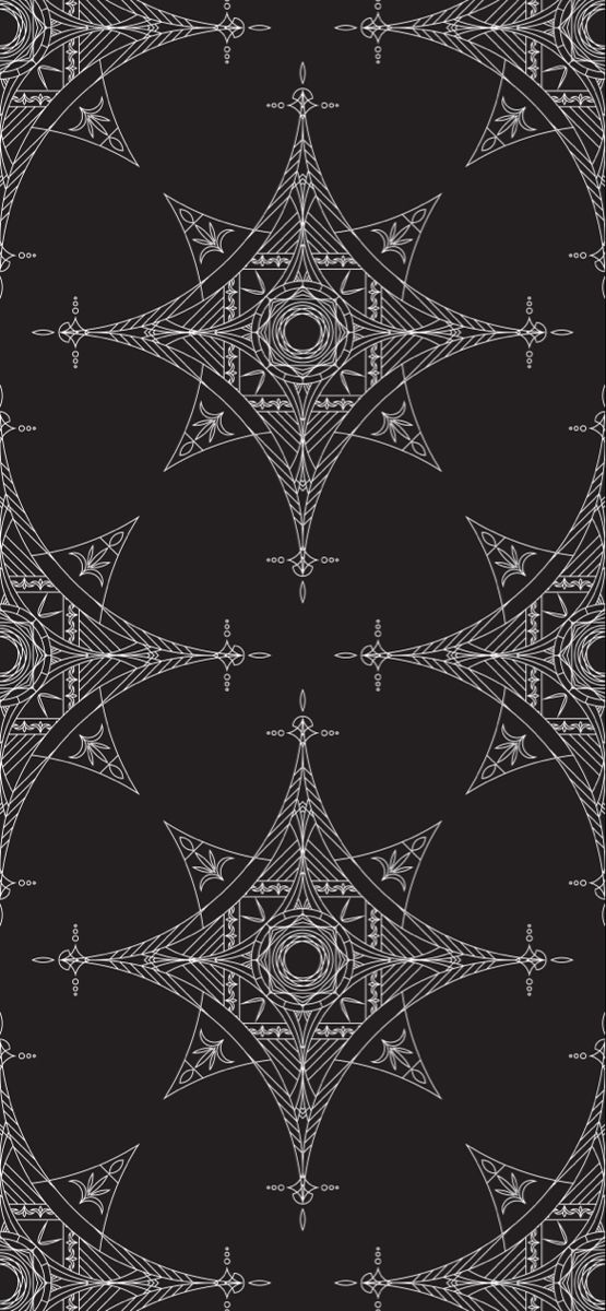 an intricate black and white pattern with many intersecting lines in the center, on a dark background