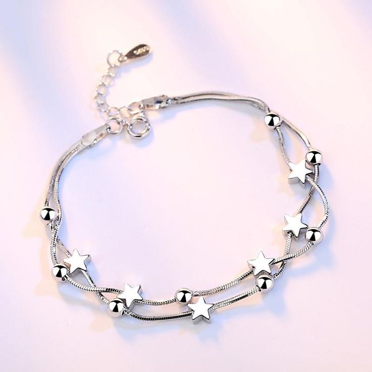 Luxury Design Chain Bracelet Silver Stars Charm Bracelet Women's Snake Link Chain Jewelry Simple Bracelets, Silver Chain Bracelet, Star Bracelet, Love Charms, Ankle Bracelet, Bangles Jewelry, Star Charms, Silver Stars, Sterling Silver Bead