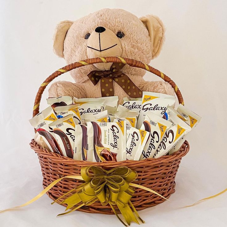 a teddy bear sitting next to a basket filled with chocolates and candy bar wrappers