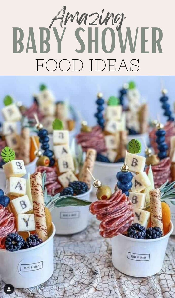 baby shower food ideas are displayed in small cups