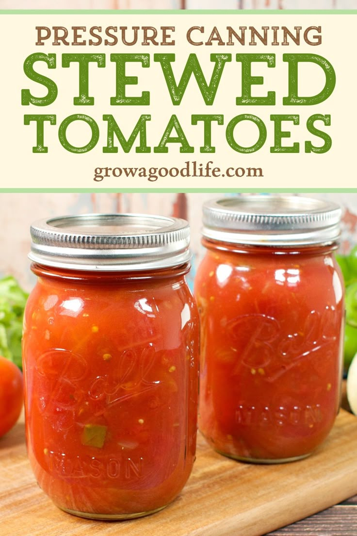 two jars filled with canned tomatoes on top of a wooden cutting board next to vegetables