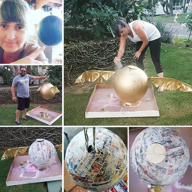 a collage of photos showing the process of making a paper mache ball sculpture