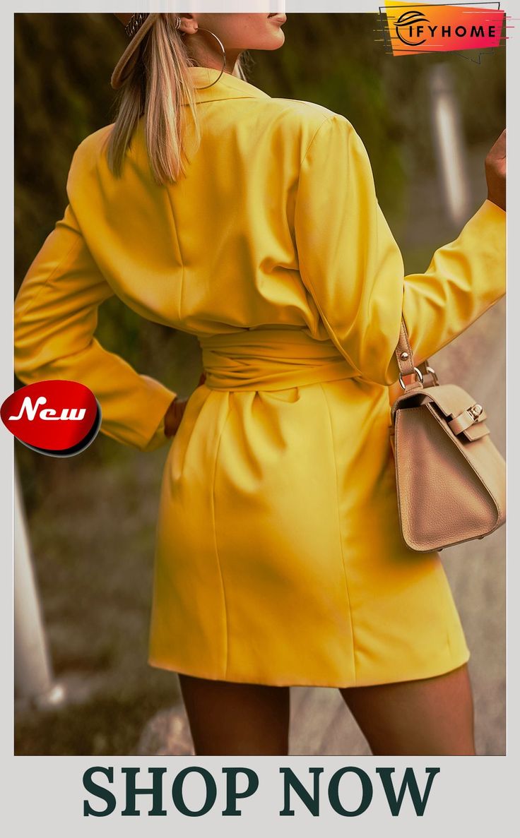 Yellow Long Sleeve Belted Blazer Dress Long Sleeve Blazer Dress For Summer, Long Sleeve Belted Mini Dress For Office, Belted Mini Dress For Fall Day Out, Belted Mini Dress For Day Out In Fall, Long Sleeve Single Breasted Mini Dress For Date Night, Single Breasted Long Sleeve Dress For Date Night, Single Breasted Long Sleeve Summer Dress, Single-breasted Long Sleeve Summer Dress, Fitted Single Breasted Mini Dress For Spring