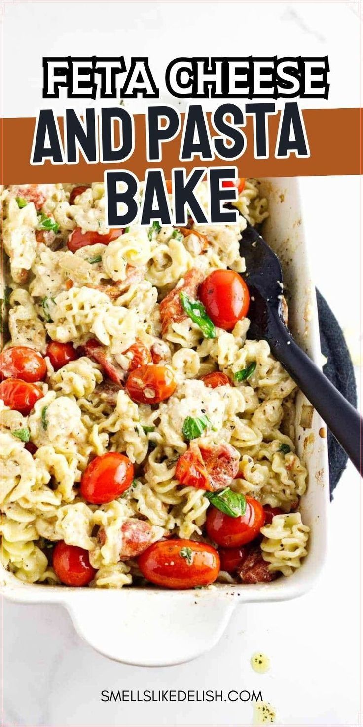 a casserole dish filled with pasta and tomatoes