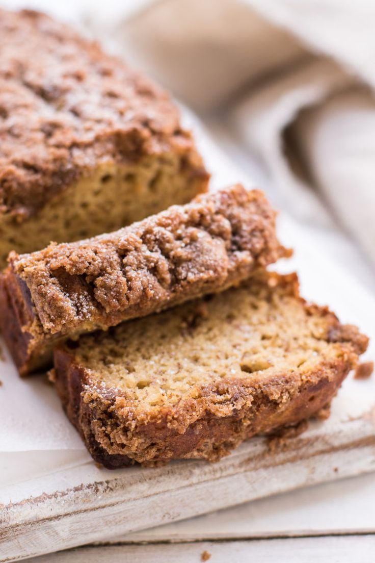 two slices of banana bread sitting on top of a cutting board