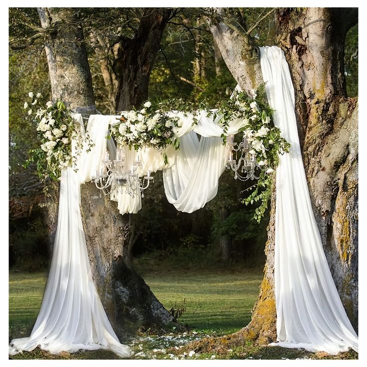 an outdoor wedding setup with draping and flowers on the arbor, surrounded by trees