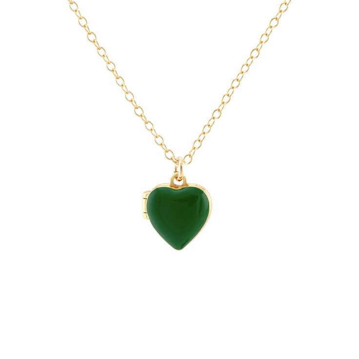 Keep the contents of your heart close by with this enamel heart locket. Our locket comes on a gold vintage-style rope chain in seven bright color options. Green Heart-shaped Jewelry Gift For Her, Enamel Heart Charm Jewelry For Gift, Enamel Locket Jewelry For Gifts, Enamel Heart Charm Jewelry Gift, Green Heart-shaped Jewelry Gift, Enamel Locket Jewelry For Anniversary, Green Locket Jewelry For Gift, Green Dainty Jewelry For Valentine's Day, Green Heart-shaped Charms Jewelry