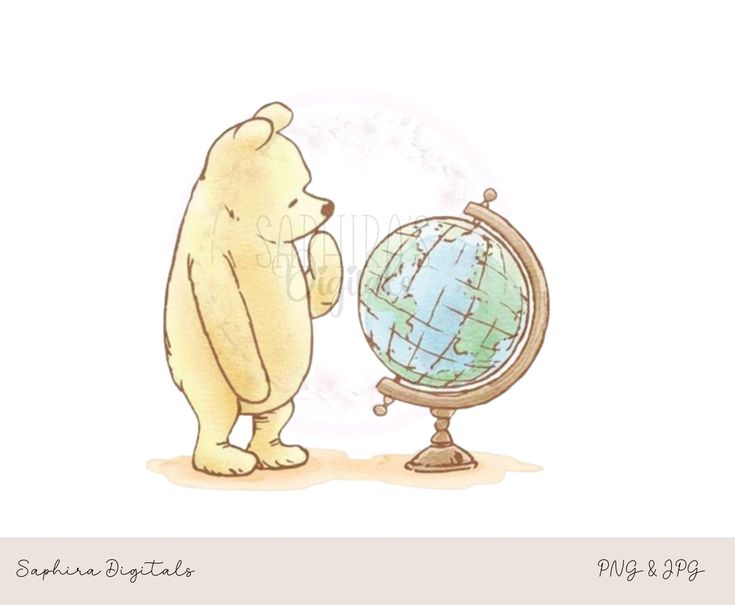 a drawing of a bear looking at a globe