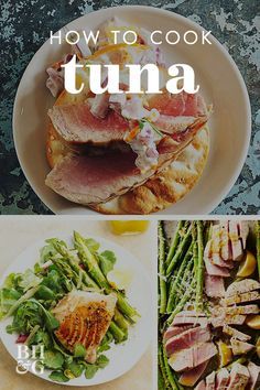 how to cook tuna with asparagus, green beans, and other vegetables on the table