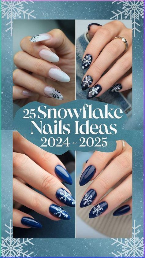 Gel Nails Christmas 2024, Winter Themed Nail Art, Blue Winter Nails With Snowflakes, Snowflake Nail Design Simple, Nails Snowflakes Winter, Sweater And Snowflake Nails, Navy Nails With Snowflake, Holiday Snowflake Nails, Dark Snowflake Nails