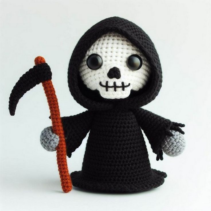 a crocheted skeleton holding a stick and wearing a black hooded costume with eyes wide open