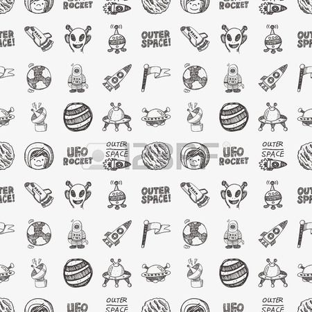 seamless pattern with the words outer space and various objects in black on a white background