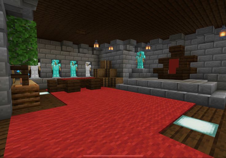 a large room with red carpet and lights on the ceiling is shown in this minecraft image