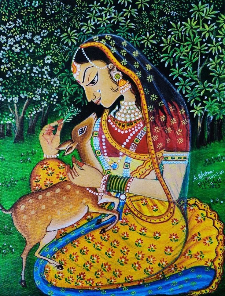 a painting of a woman sitting on the ground with a deer in her lap and trees behind her