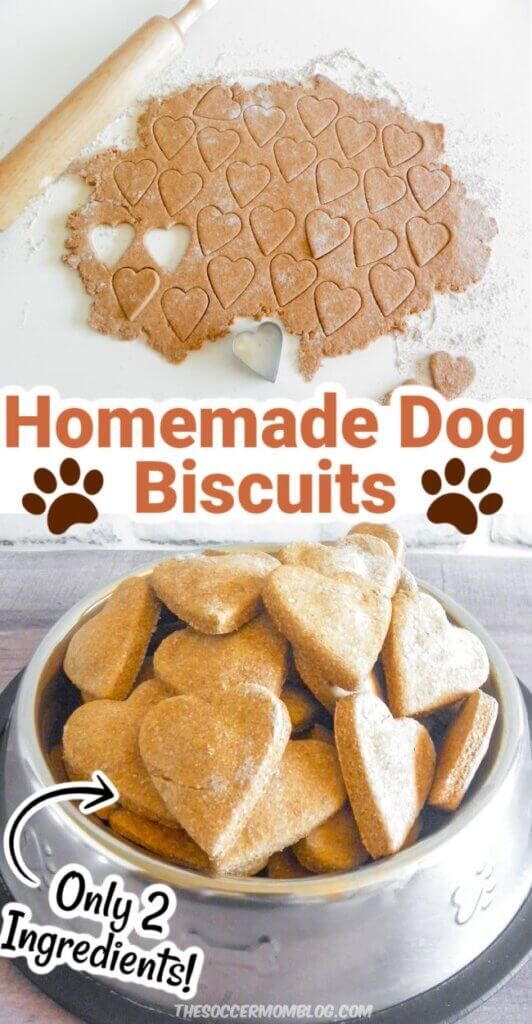 homemade dog biscuits in a bowl on top of a stove with the words homemade dog biscuits