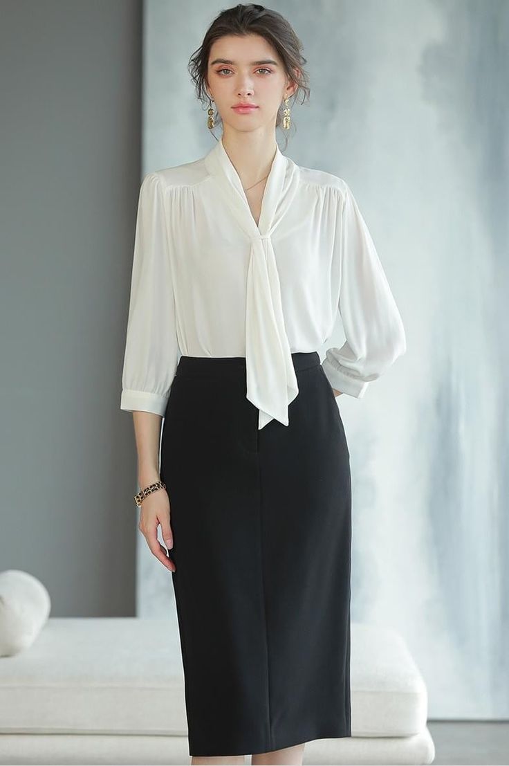 Black and White Skirt and Blouse - FashionByTeresa Elegant V-neck Blouse For Office, Elegant Formal Solid Color Blouse, Elegant Solid Color Blouse For Work, Elegant Solid Color Blouse For Workwear, Chic Semi-formal Blouse, Formal Feminine Silk Skirt, Feminine Silk Skirt For Formal Occasions, Fitted Solid Color Elegant Blouse, Elegant Fitted Blouse