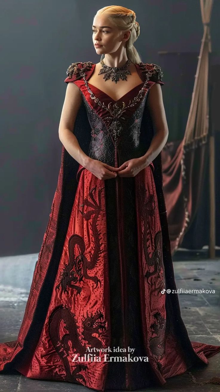 Rhaenyra Red Dress, House Targaryen Dress, House Targaryen Clothes, Targaryen Dress Design, House Of Dragon Dresses, House Of The Dragon Inspired Dresses, House Of The Dragon Clothes, Targaryen Outfit Dresses, House Of The Dragon Dresses