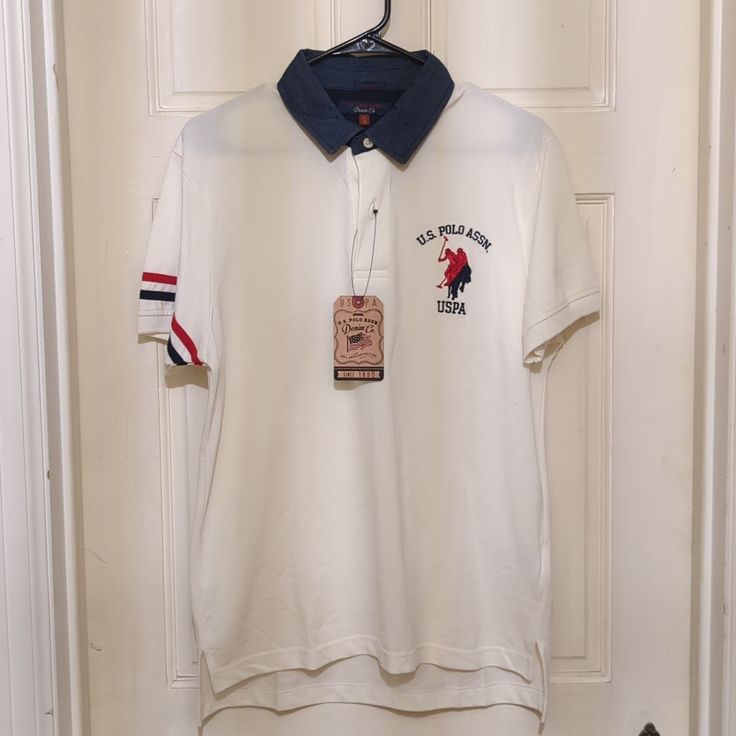 Us Polo Association White Polo Listed Size Is A Large But Fits More Like A Small - Medium Casual White Cotton Polo Shirt, Casual White Polo Collar Top, White Fitted Casual Polo Shirt, Us Polo, White Polo, Blue White, Color Blue, Blue And White, Mens Shirts