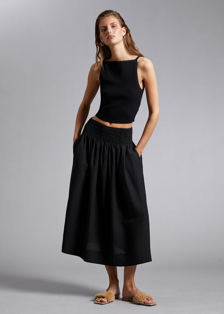 Smocked Waist Midi Skirt - Black - Midi skirts - & Other Stories US Casual Midi-length Bottoms With Gathered Waist, Casual Bottoms With Gathered Waist, Midi Length, Casual Midi Bottoms With Gathered Waist, Casual Midi Length Skirt With Gathered Waist, Casual Midi Skirt With Gathered Waist, Versatile Midi-length Summer Bottoms, Versatile Midi Length Summer Bottoms, Flattering Midi Skirt For Summer, Black Gathered Waist Skirt For Summer