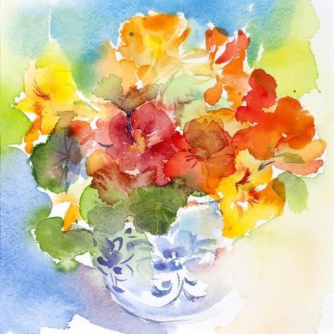 a watercolor painting of flowers in a vase