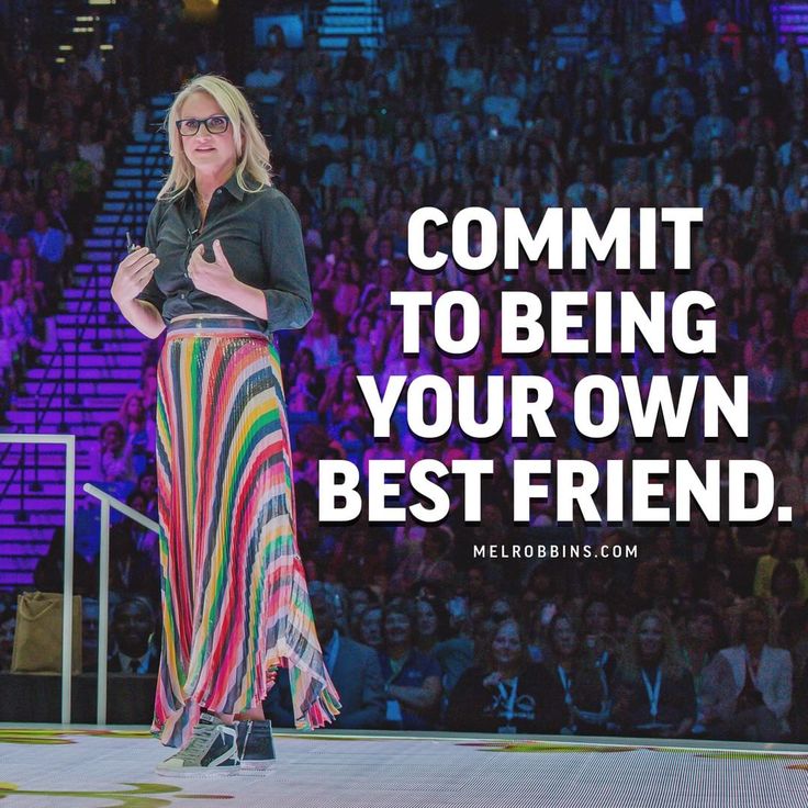 a woman standing in front of a crowd with the words commit to being your own best friend