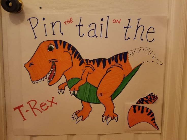 a sign that says pin the tail on the t - rex