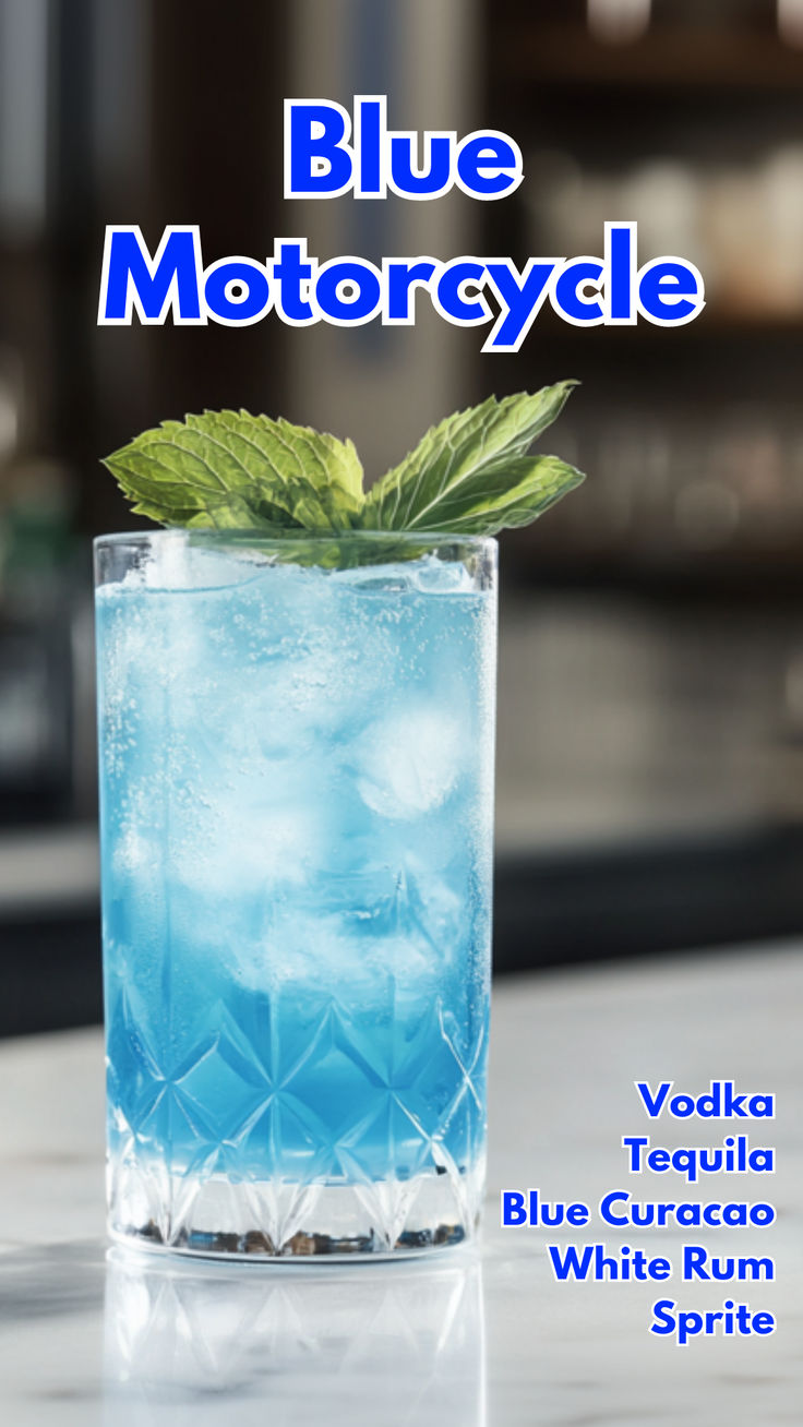 Blue Motorcycle Blue Curacao Martini, Vodka And Blue Curacao Drinks, Blue Curacao Shots, Blue Motorcycle Drink, Blue Cocktail Drinks, Drinks With Blue Curacao, Sprite Cocktails, Blue Cocktail Recipes, Fun Alcoholic Drinks